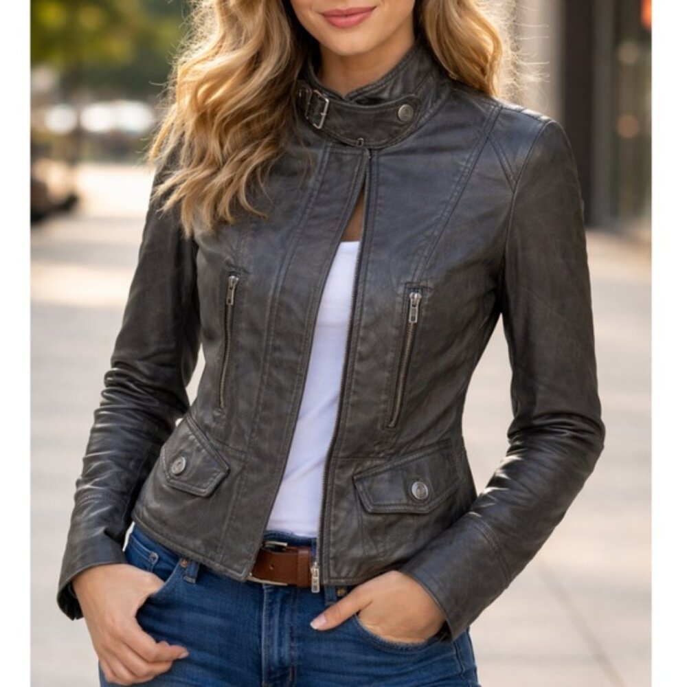 BB Dakota Women's Gray Leather Moto Jacket